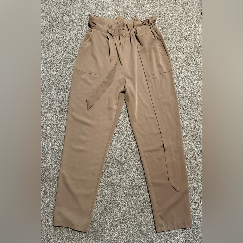 Simplee Apparel Tan Relaxed Fit Pants with Tie Belt